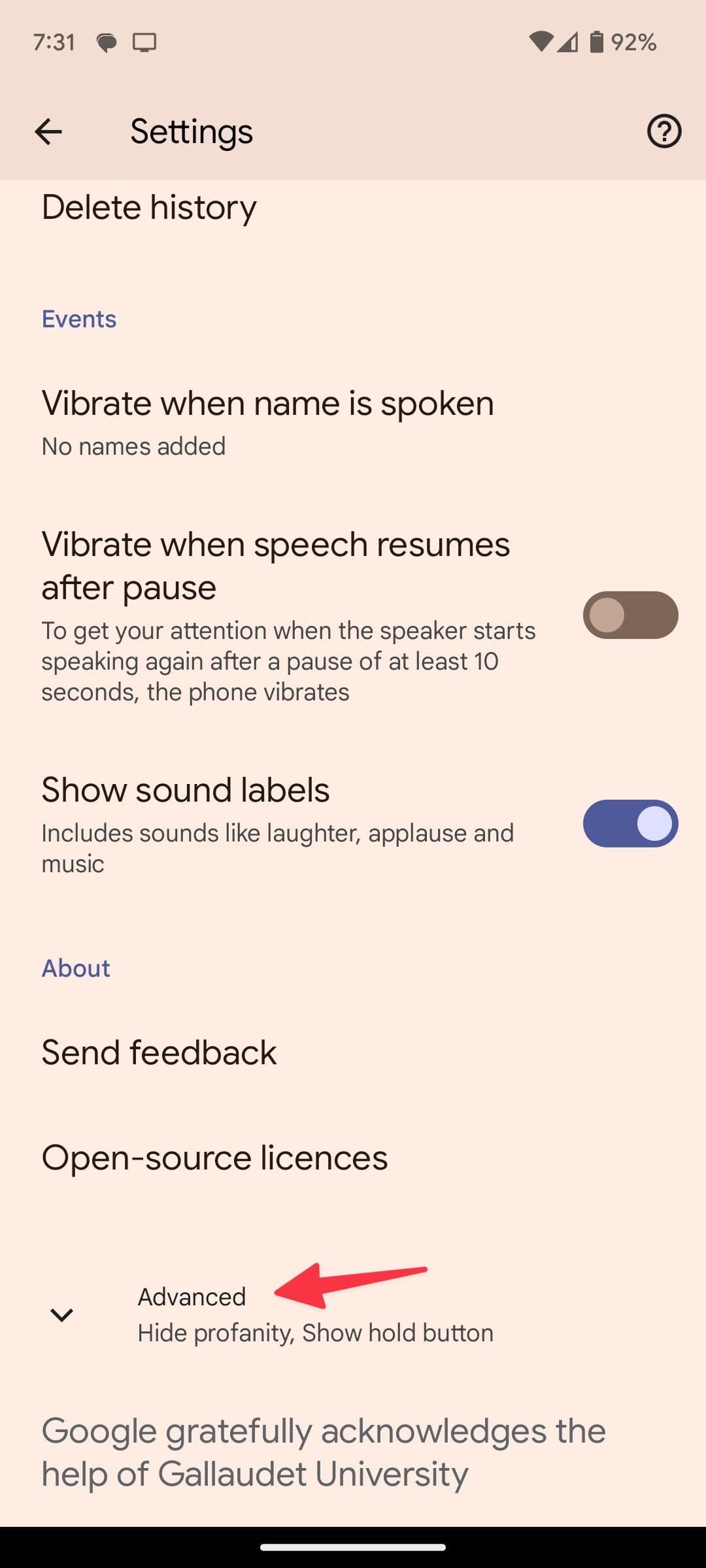 advanced menu in live transcribe