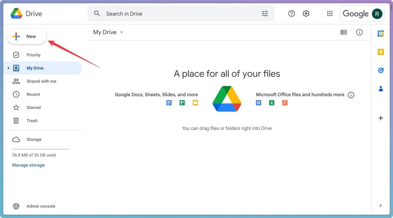 Στιγμιότυπο οθόνης του Google Drive που δείχνει το κουμπί Νέο στην αριστερή πλαϊνή γραμμή