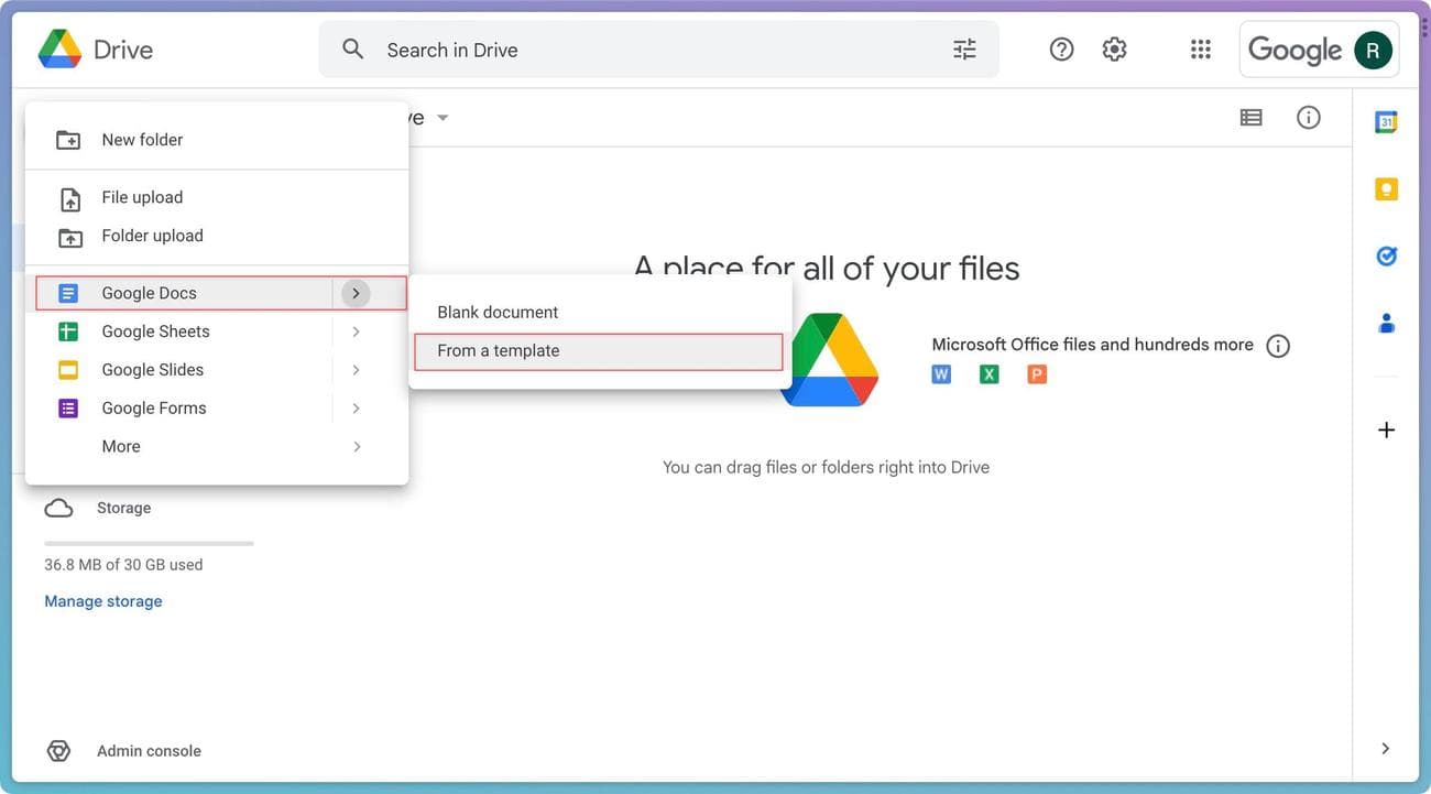 Στιγμιότυπο οθόνης του Google Drive που δείχνει το μενού προτύπων των Εγγράφων Google