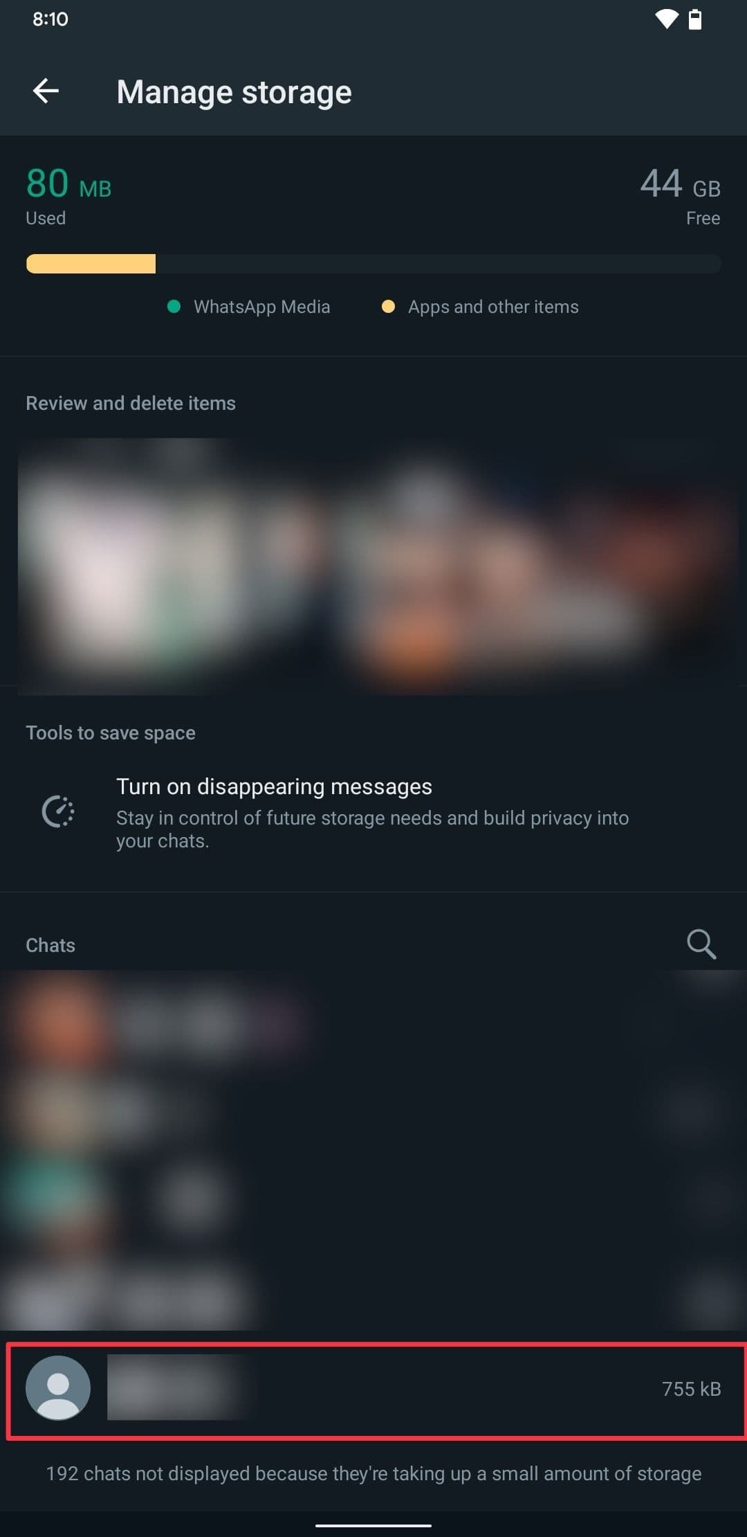 Στιγμιότυπο οθόνης της σελίδας αποθήκευσης WhatsApp Διαχείριση