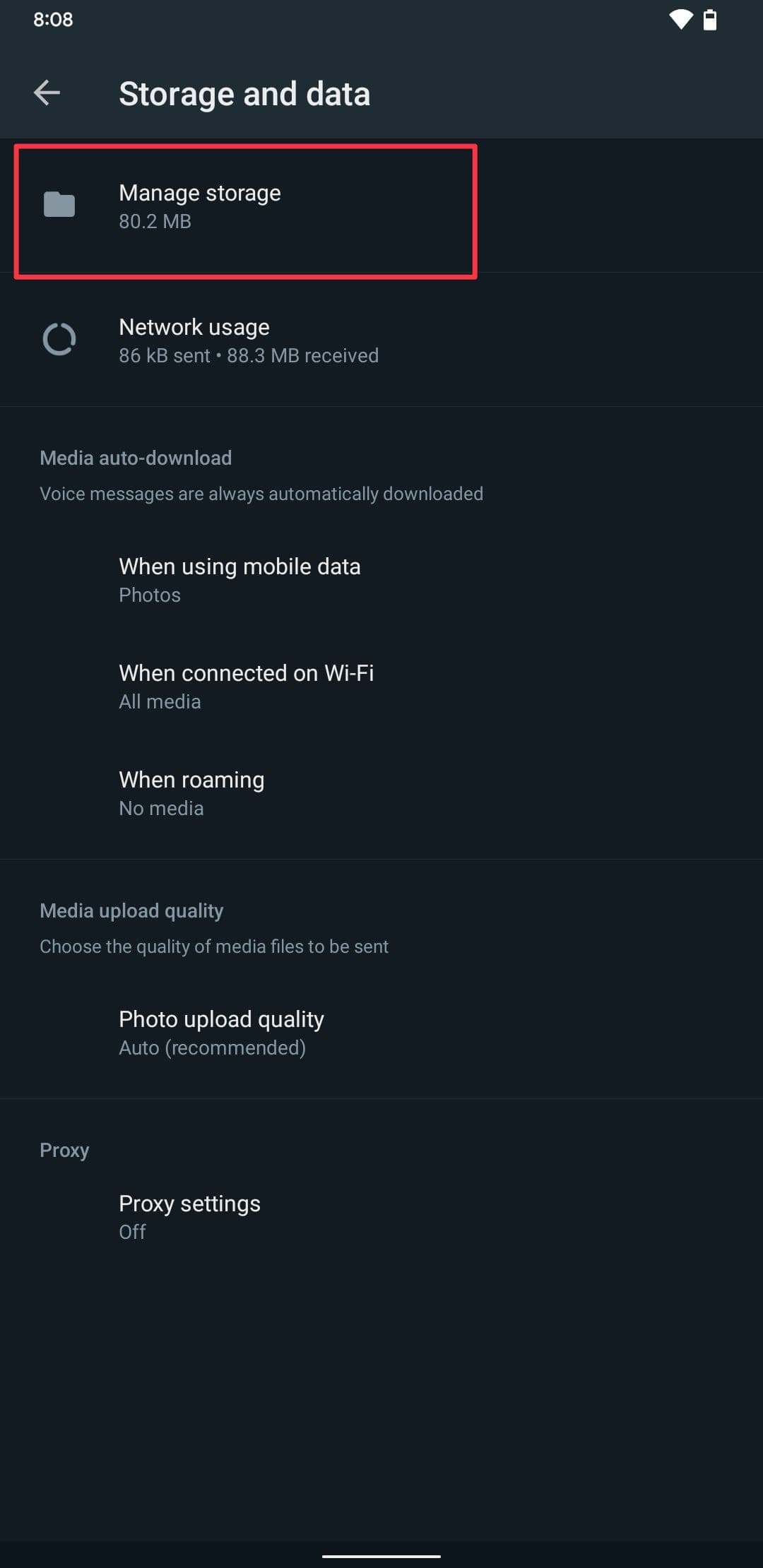 Στιγμιότυπο οθόνης ρυθμίσεων αποθήκευσης και δεδομένων που δείχνει την επιλογή Διαχείριση δεδομένων