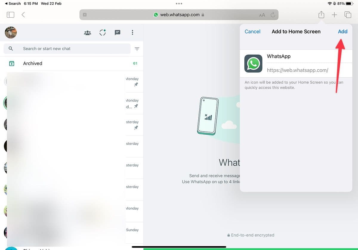 Ένα στιγμιότυπο οθόνης του WhatsApp Web στο iPad δείχνει ένα βέλος που δείχνει το κουμπί Προσθήκη στο αναδυόμενο παράθυρο μετονομασίας.