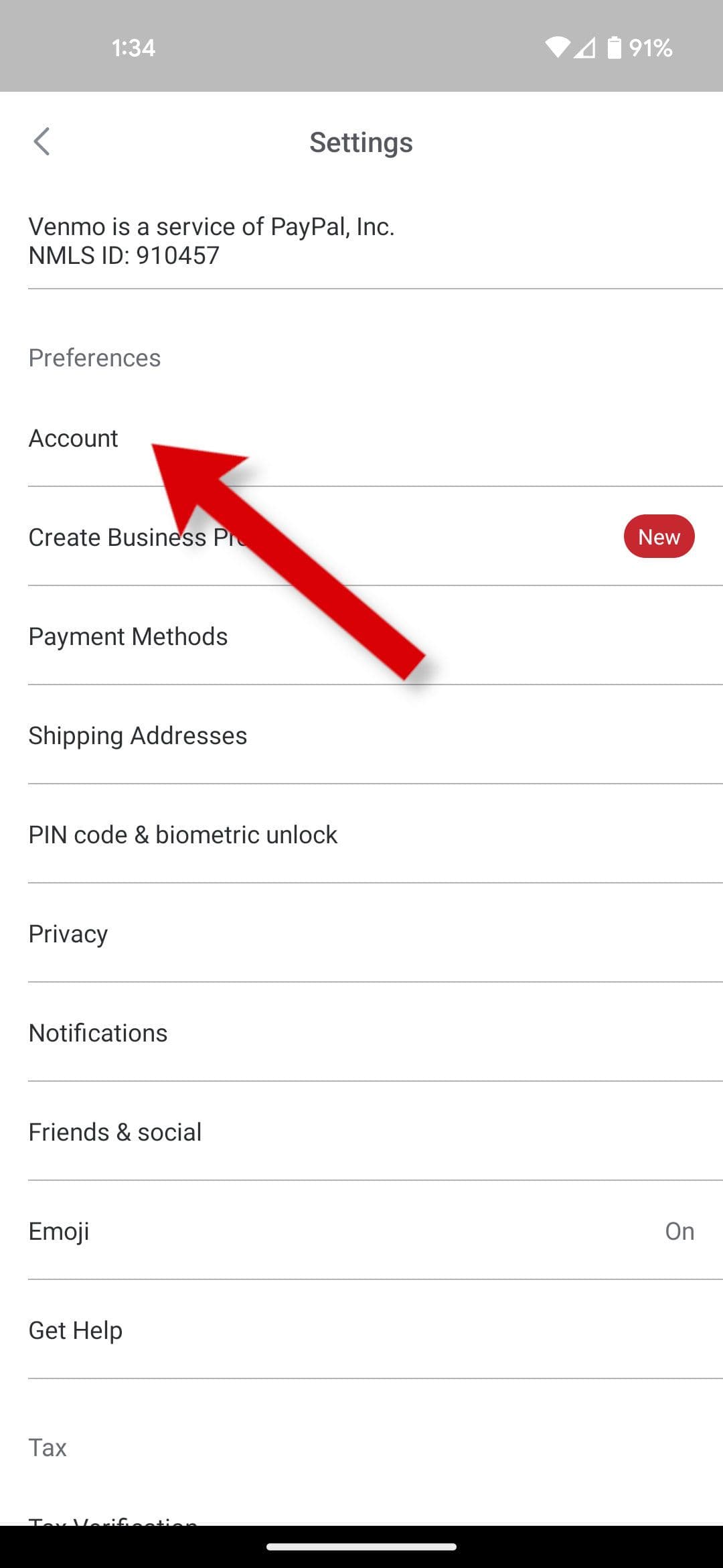 Ένα στιγμιότυπο οθόνης της εφαρμογής Venmo που δείχνει πώς να μεταβείτε στην ενότητα 