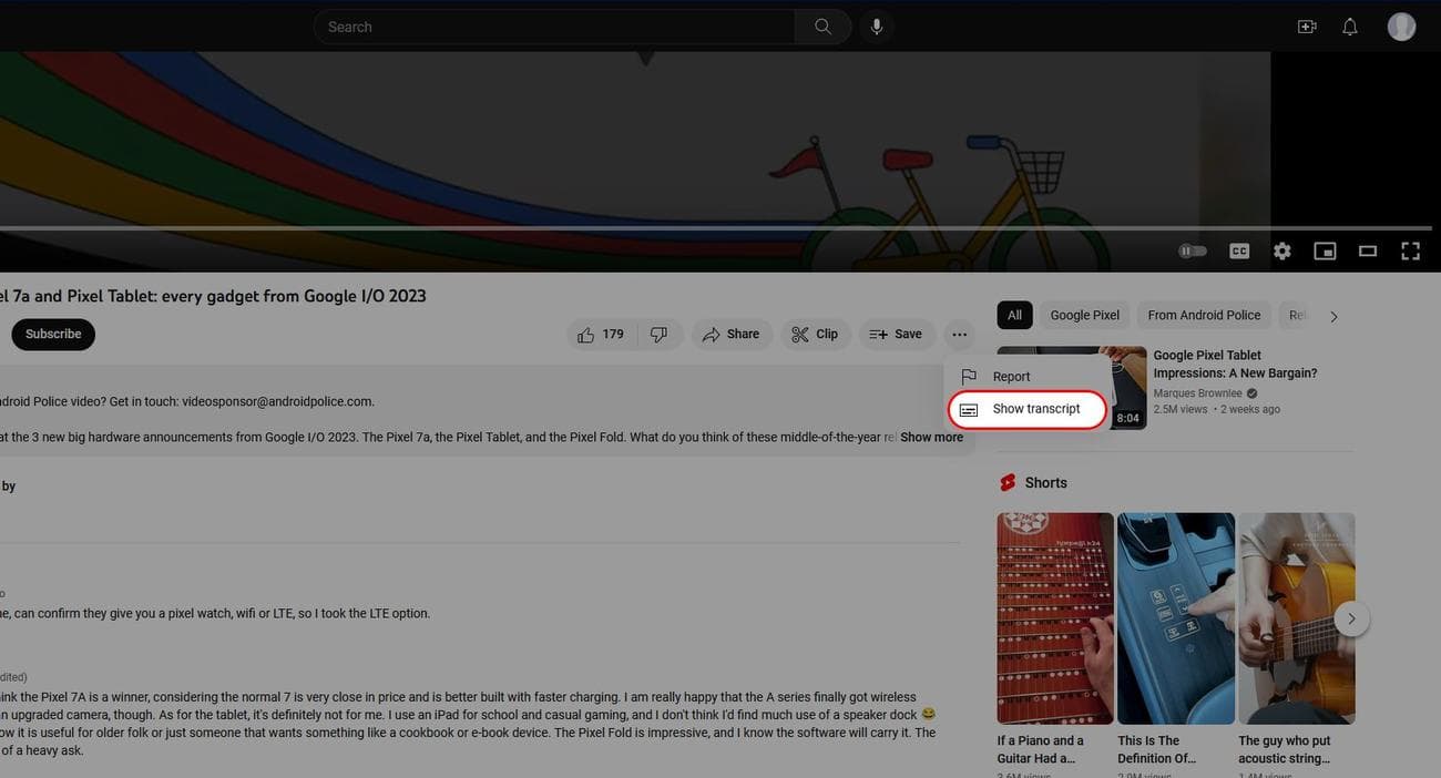 Μενού τριών κουκκίδων βίντεο επιτραπέζιου υπολογιστή του YouTube που επισημαίνει την επιλογή Εμφάνιση μεταγραφής