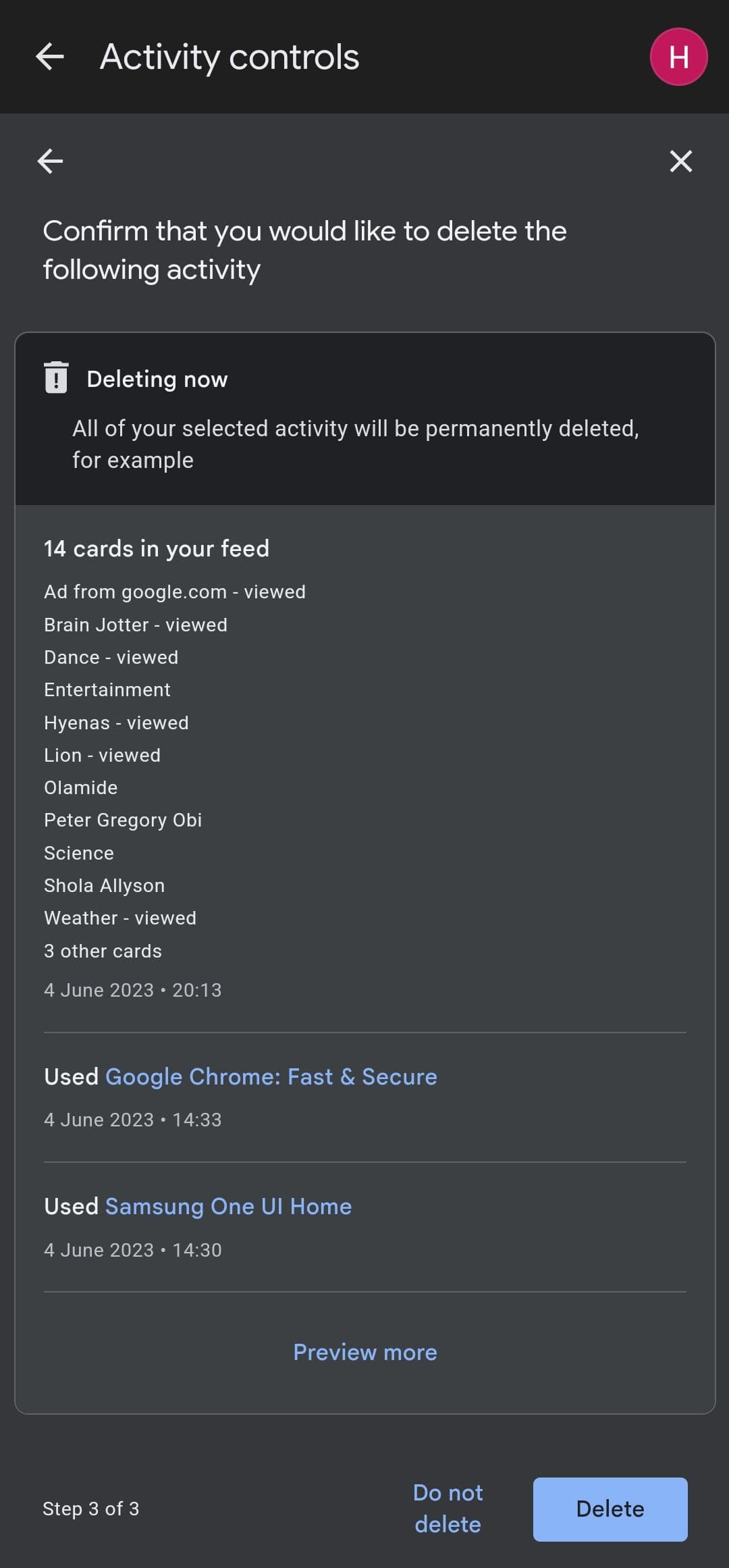 Επιβεβαίωση διαγραφής Δραστηριότητας ιστού και εφαρμογών