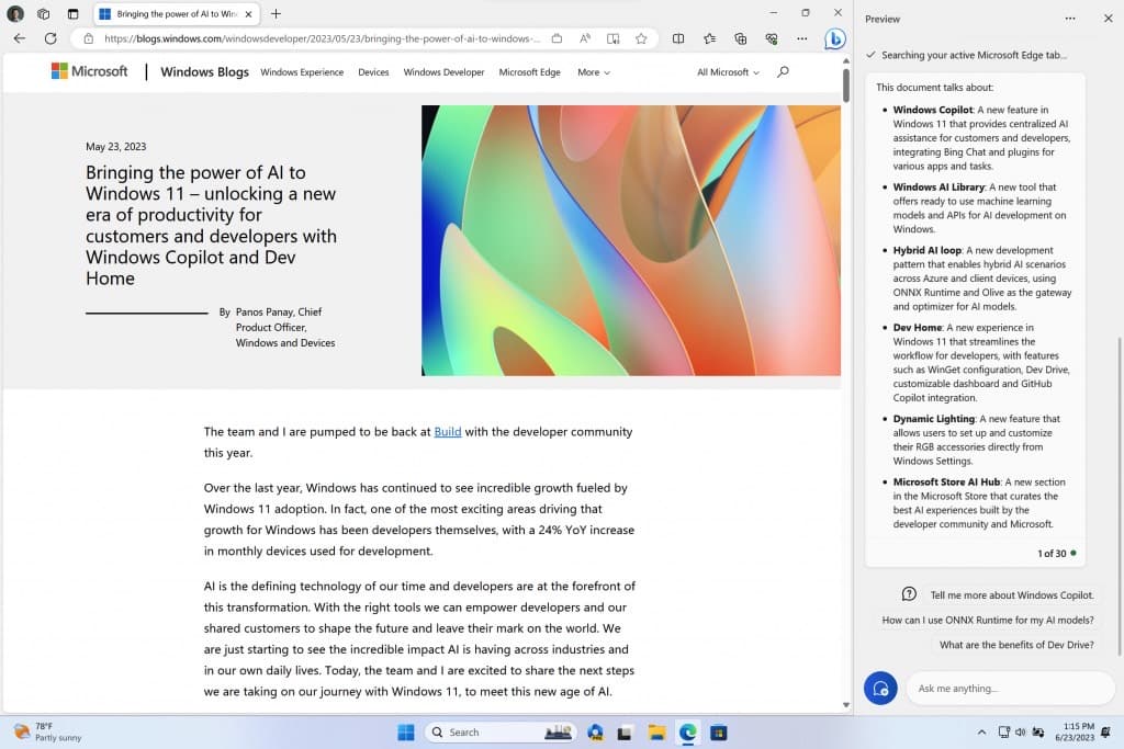 Windows 11 Copilot σε δράση που συνοψίζει ένα κείμενο.