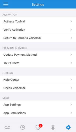 Οι ρυθμίσεις στο YouMail εμφανίζουν την επιλογή Επαλήθευση ενεργοποίησης.