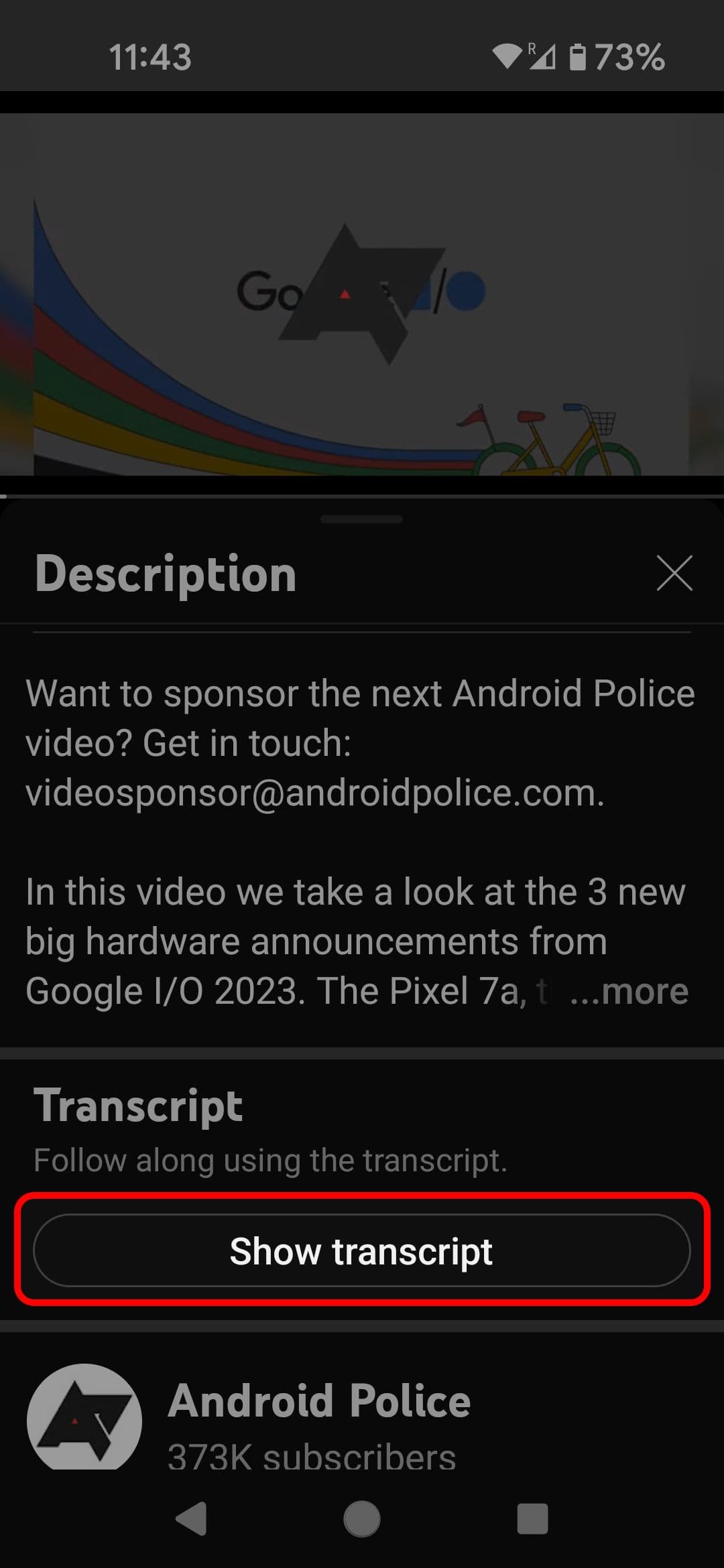 Περιγραφή βίντεο της εφαρμογής YouTube που επισημαίνει την επιλογή Εμφάνιση μεταγραφής