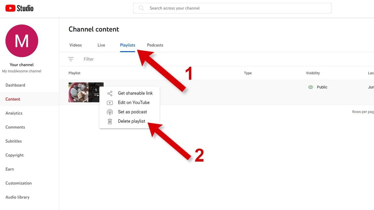 Ένα στιγμιότυπο οθόνης του YouTube σε ένα πρόγραμμα περιήγησης με βέλη που δείχνουν προς την καρτέλα Λίστες αναπαραγωγής και την επιλογή διαγραφής.