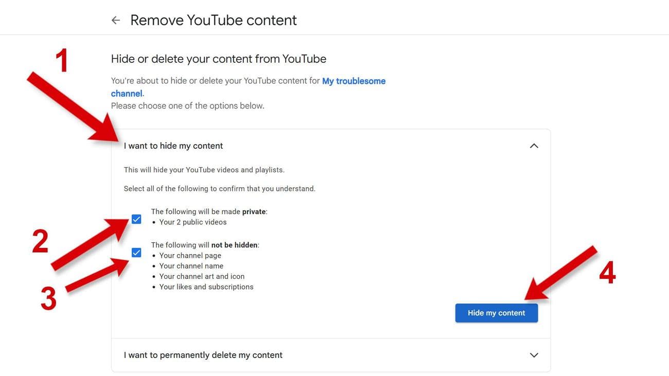 Ένα στιγμιότυπο οθόνης των ρυθμίσεων του YouTube Studio σε ένα πρόγραμμα περιήγησης με βέλη που δείχνουν τα τέσσερα βήματα που απαιτούνται για την απόκρυψη περιεχομένου YouTube.