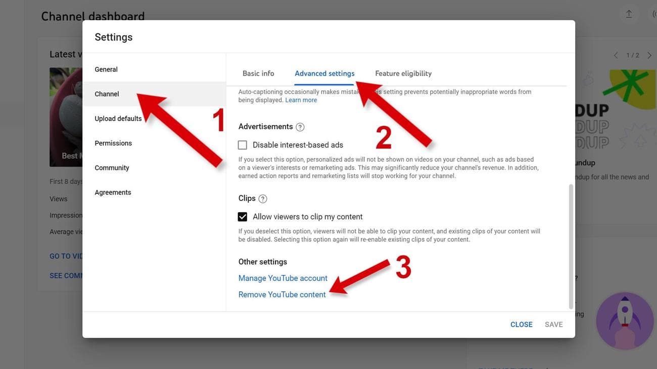Ένα στιγμιότυπο οθόνης των ρυθμίσεων του YouTube Studio σε ένα πρόγραμμα περιήγησης με βέλη που δείχνουν στο Κανάλι, τις Σύνθετες ρυθμίσεις και την Κατάργηση περιεχομένου YouTube.