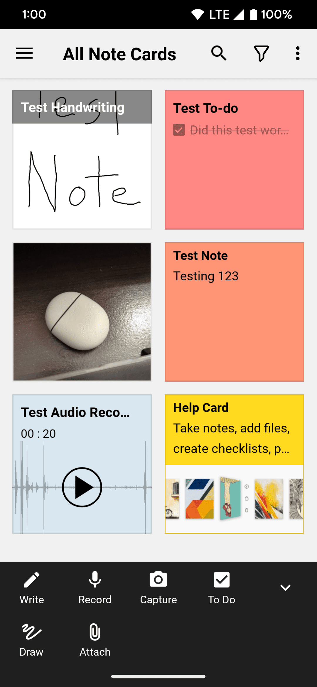 An example of a handwritten note, audio recoding, and various notes in the Zoho Notebook app