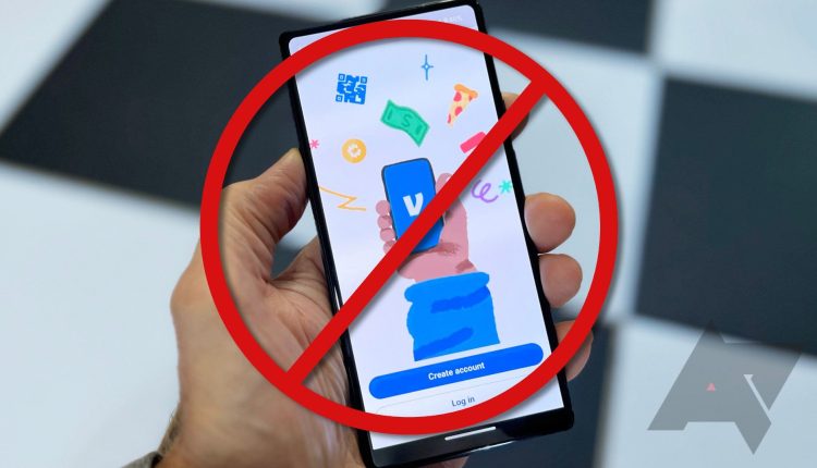 A do not symbol appears above a hand holding a smartphone with the Venmo app open.