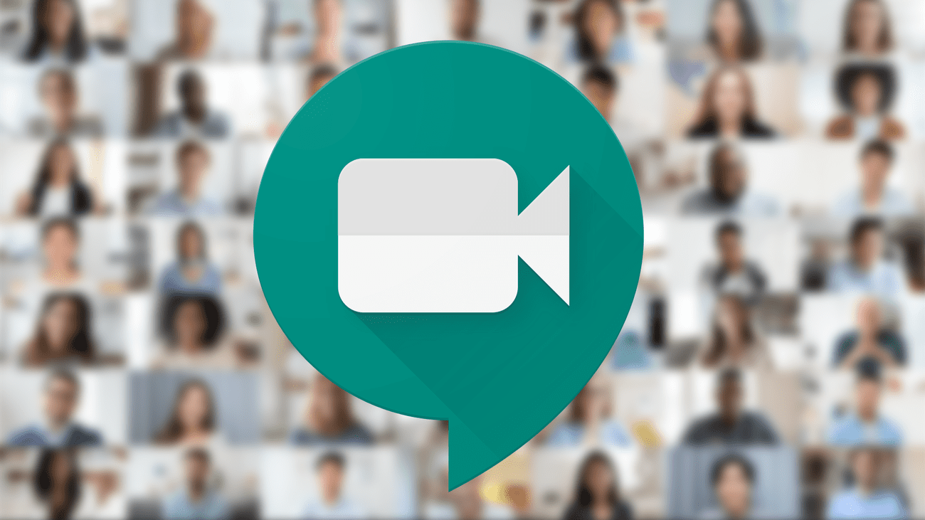 The Google Meet logo against a wall of blurred photos of meeting participants