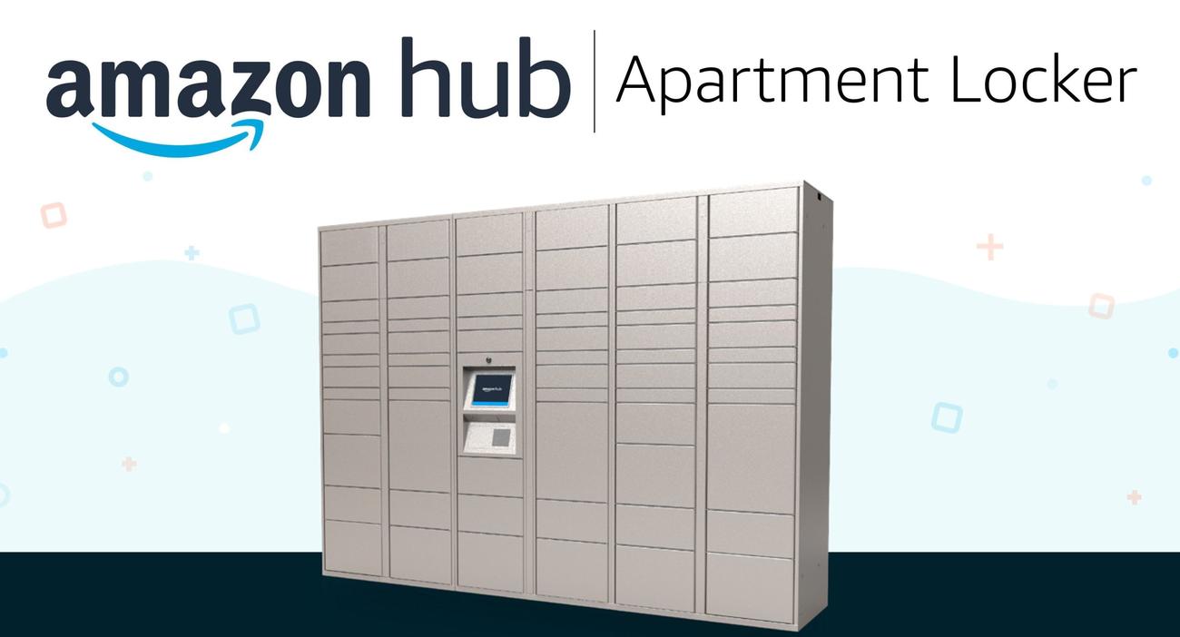 apartment locker with the amazon hub apartment locker logo above it