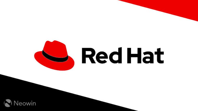 The Red Hat logo on a white black and red background
