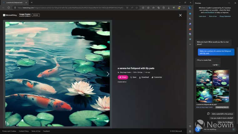 Στιγμιότυπο οθόνης που δείχνει το Windows Copilot σε δράση