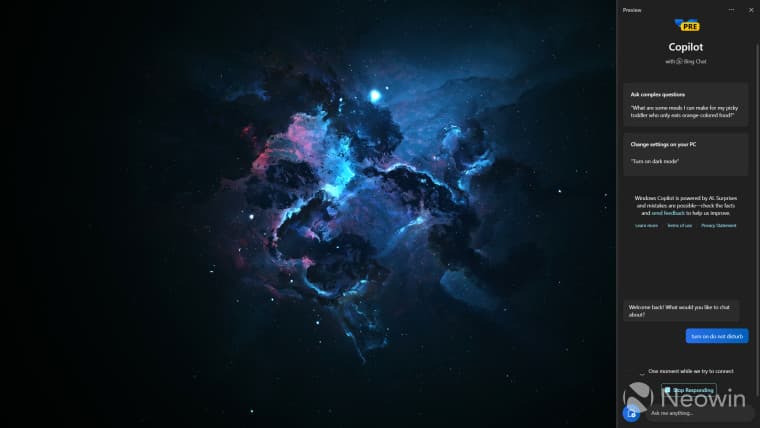 Στιγμιότυπο οθόνης που δείχνει το Windows Copilot σε δράση