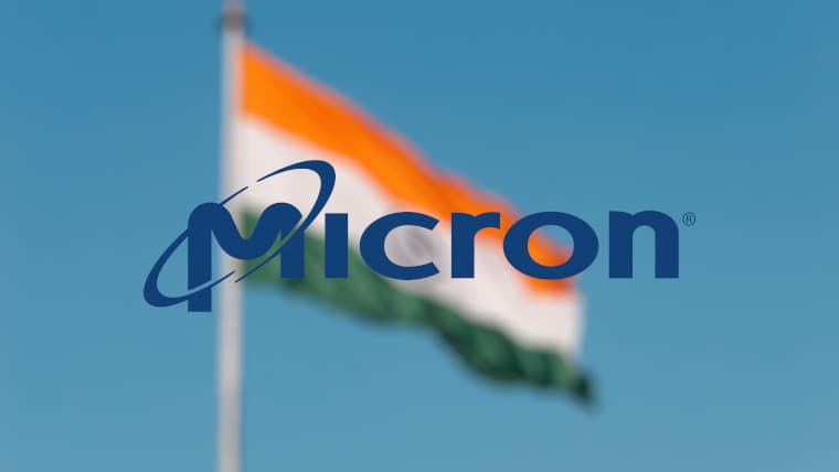 The Micron logo in front of Indian flag
