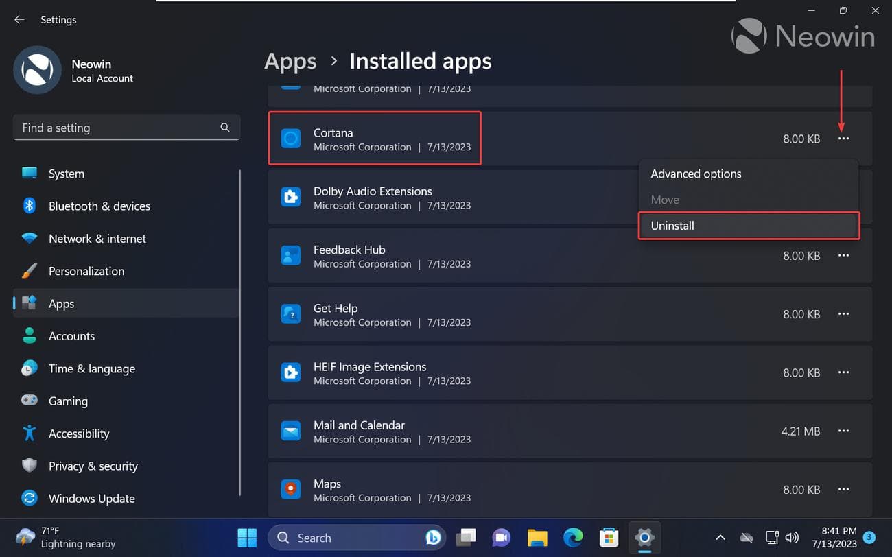 Ένα στιγμιότυπο οθόνης που δείχνει πώς να απεγκαταστήσετε την Cortana στα Windows 11