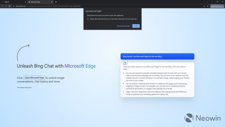 Στιγμιότυπο οθόνης του Bing Chat στο Google Chrome