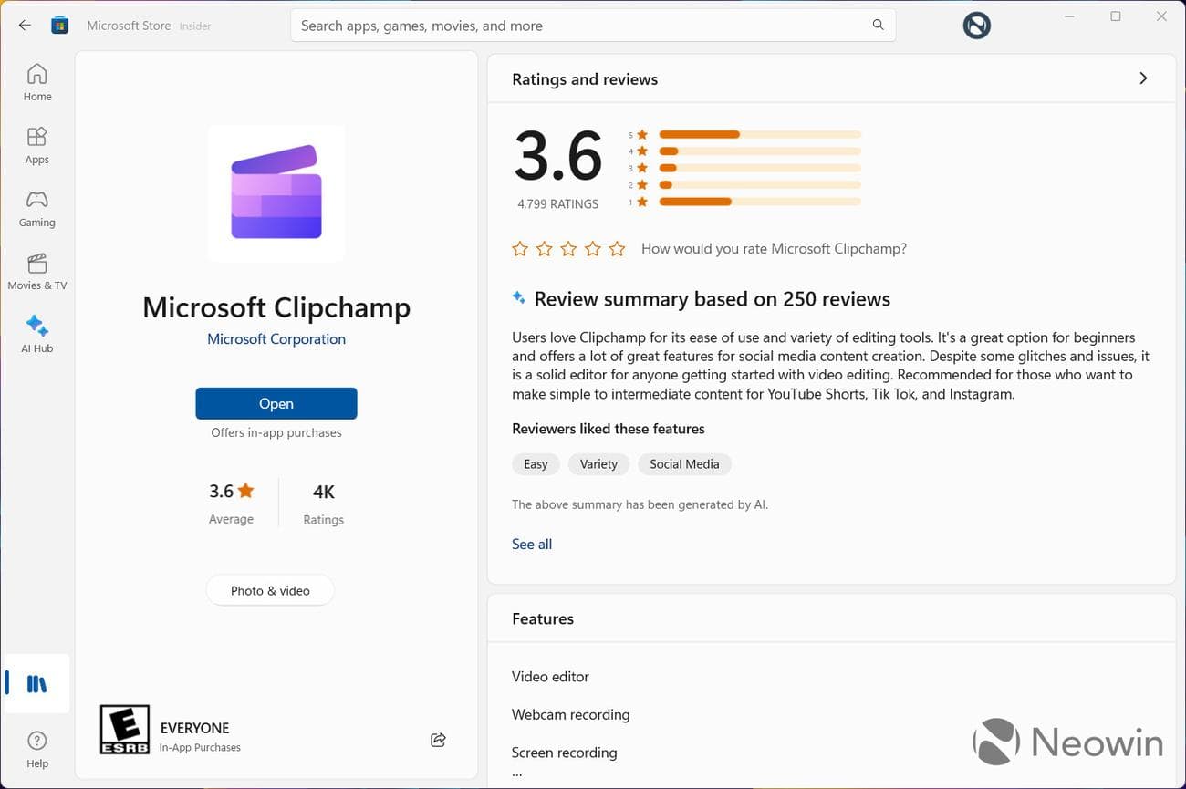 Ένα στιγμιότυπο οθόνης του Microsoft Store με μια σύνοψη κριτικής που δημιουργήθηκε από AI