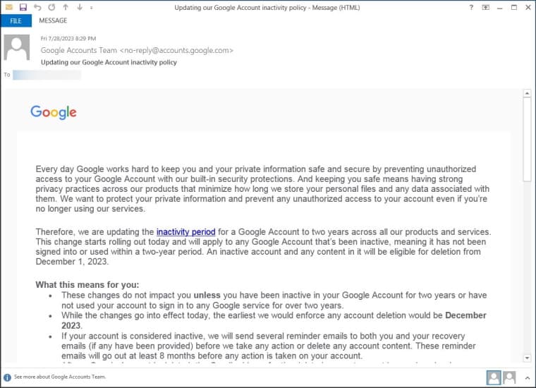 Ειδοποίηση σχετικά με τον ανενεργό λογαριασμό Google μέσω email