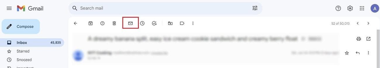 Στιγμιότυπο οθόνης του εικονιδίου Επισήμανση ως μη αναγνωσμένου στην έκδοση επιτραπέζιου υπολογιστή του Gmail