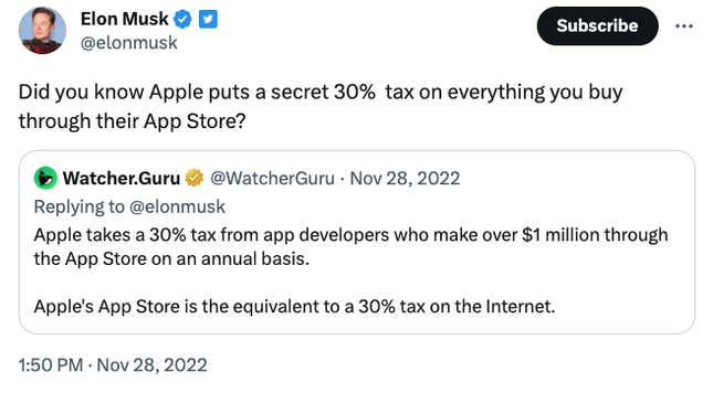 Μια ανάγνωση tweet του Musk "Γνωρίζατε ότι η Apple βάζει μυστικό φόρο 30% σε οτιδήποτε αγοράζετε μέσω του App Store της;"