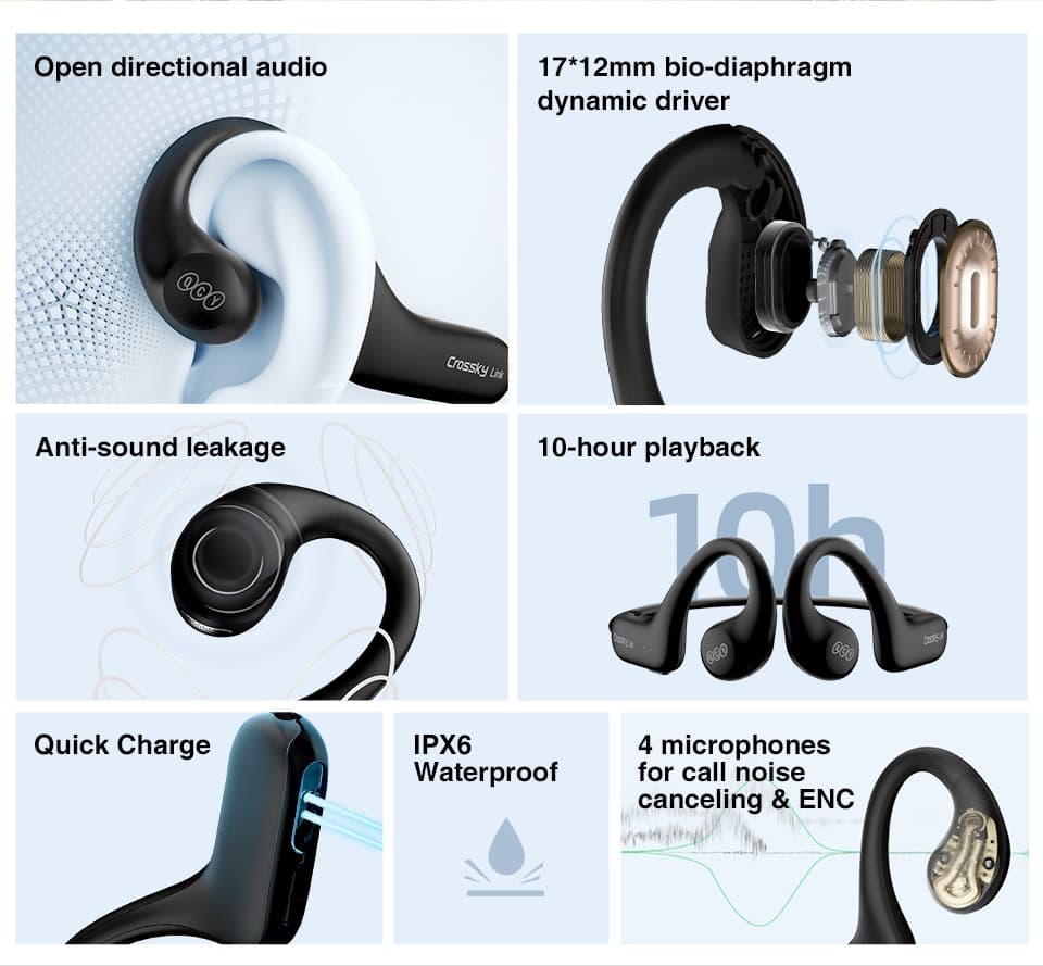 [#Ιστορικό_Χαμηλό] QCY Crossky Link : Open Ear, ΠΑΝΑΛΑΦΡΑ ακουστικά, με IPX6 rating, 4 μικρόφωνα και αυτονομία 10 ωρών