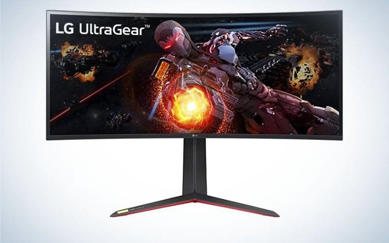 An ultrawide LG monitor showing battling robots