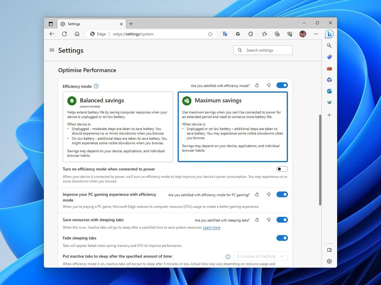 Οι ρυθμίσεις της λειτουργίας αποδοτικότητας στο Microsoft Edge, εμφανίζουν τις επιλογές για ισορροπημένη εξοικονόμηση και μέγιστη εξοικονόμηση.