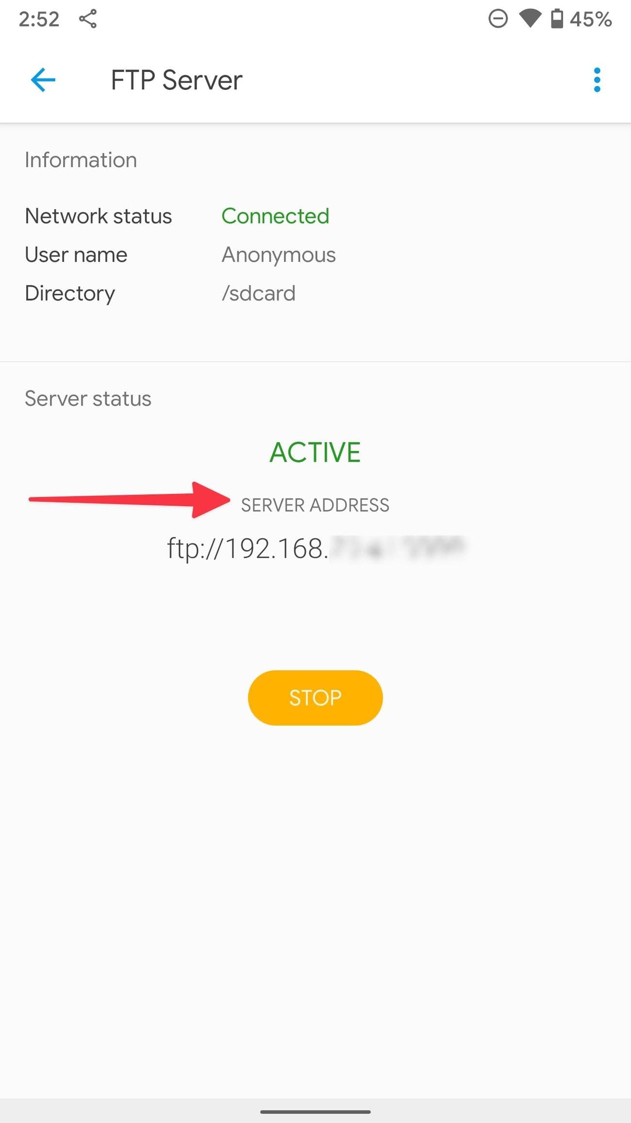 Screenshot of FTP server address