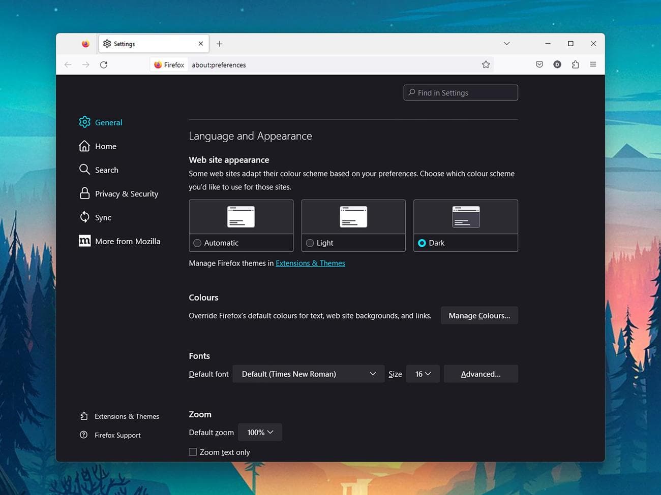 Οι ρυθμίσεις εμφάνισης στο Mozilla Firefox, που δείχνουν τη ρύθμιση της σκοτεινής λειτουργίας.