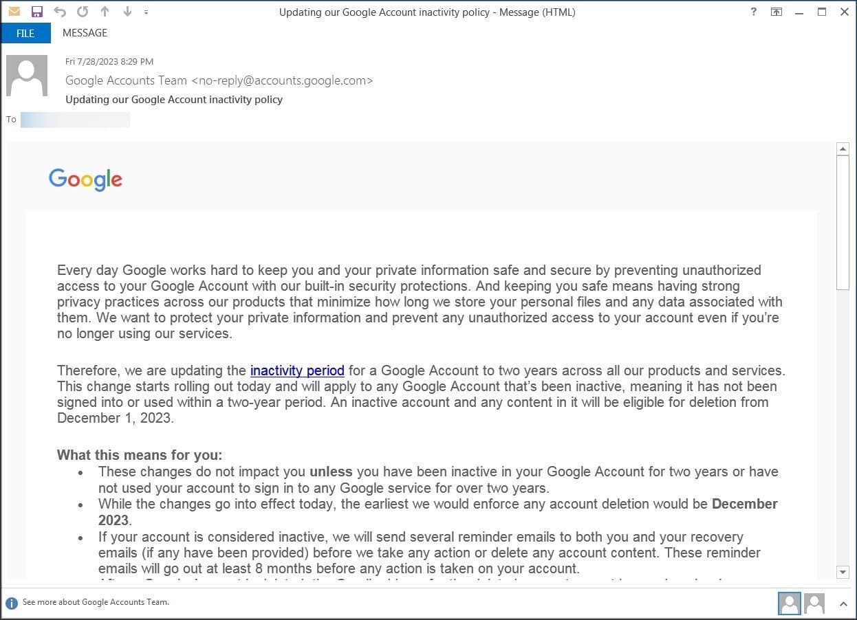 Προειδοποίηση ανενεργών λογαριασμών Google