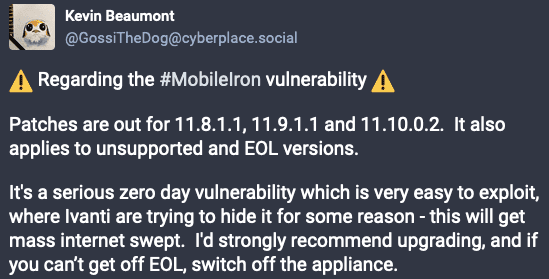 MobileIron zero-day tweet