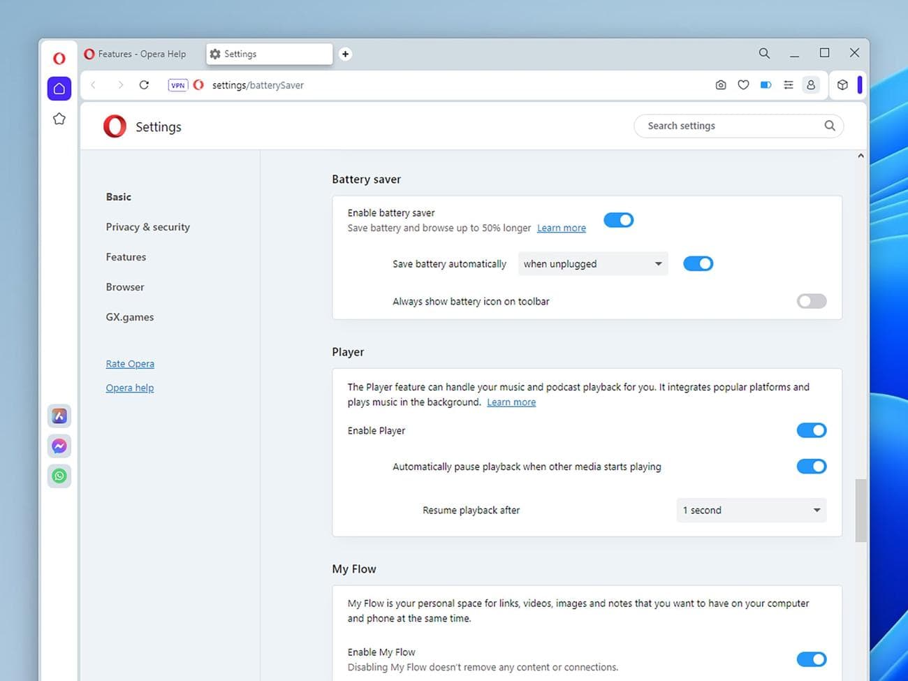 Οι επιλογές εξοικονόμησης μπαταρίας στο πρόγραμμα περιήγησης ιστού Opera.