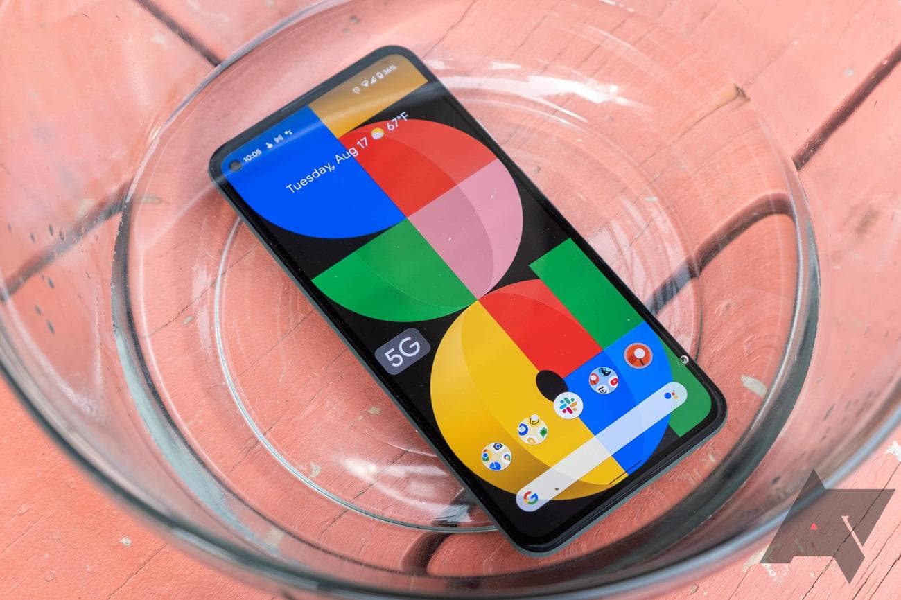 Pixel 5 a in a glass bowl on a table