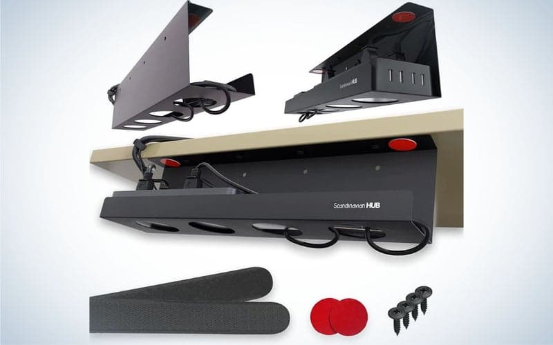 Scandinavian Hub Store Under Desk Cable Management Tray is the best for glass desks.