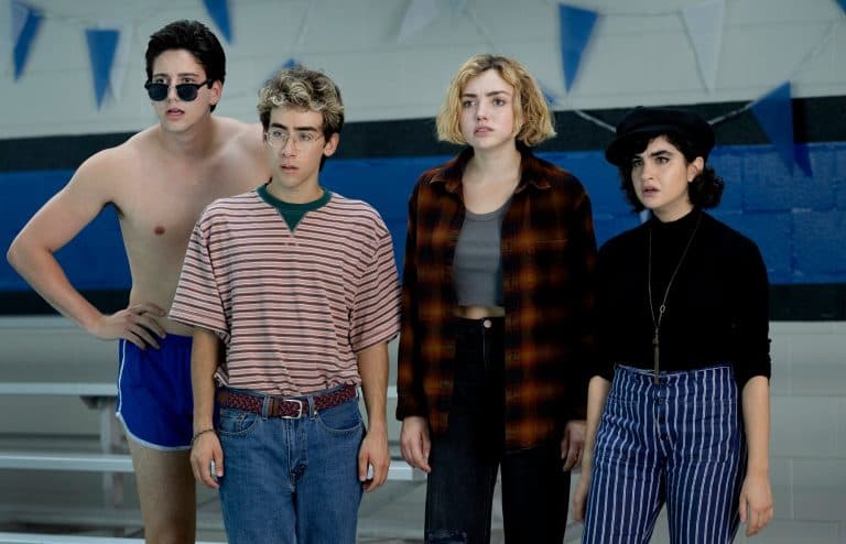 Milo Mannheim as Wally, Nick Pugliese as Charley, Peyton List as Maddie and Sarah Yarkin as Rhonda in School Spirits.