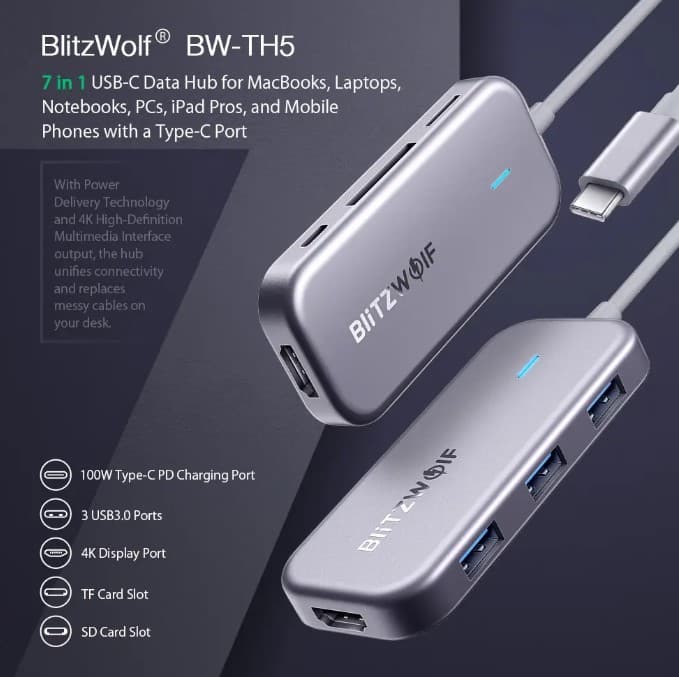 [#Ιστορικό_Χαμηλό] BlitzWolf BW-TH5: 7-σε-1 Data Hub με 18.3€!