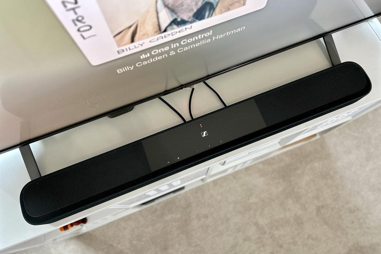 Sennheiser AMBEO Plus best overall soundbar in front of a TV playing Billy Cadden