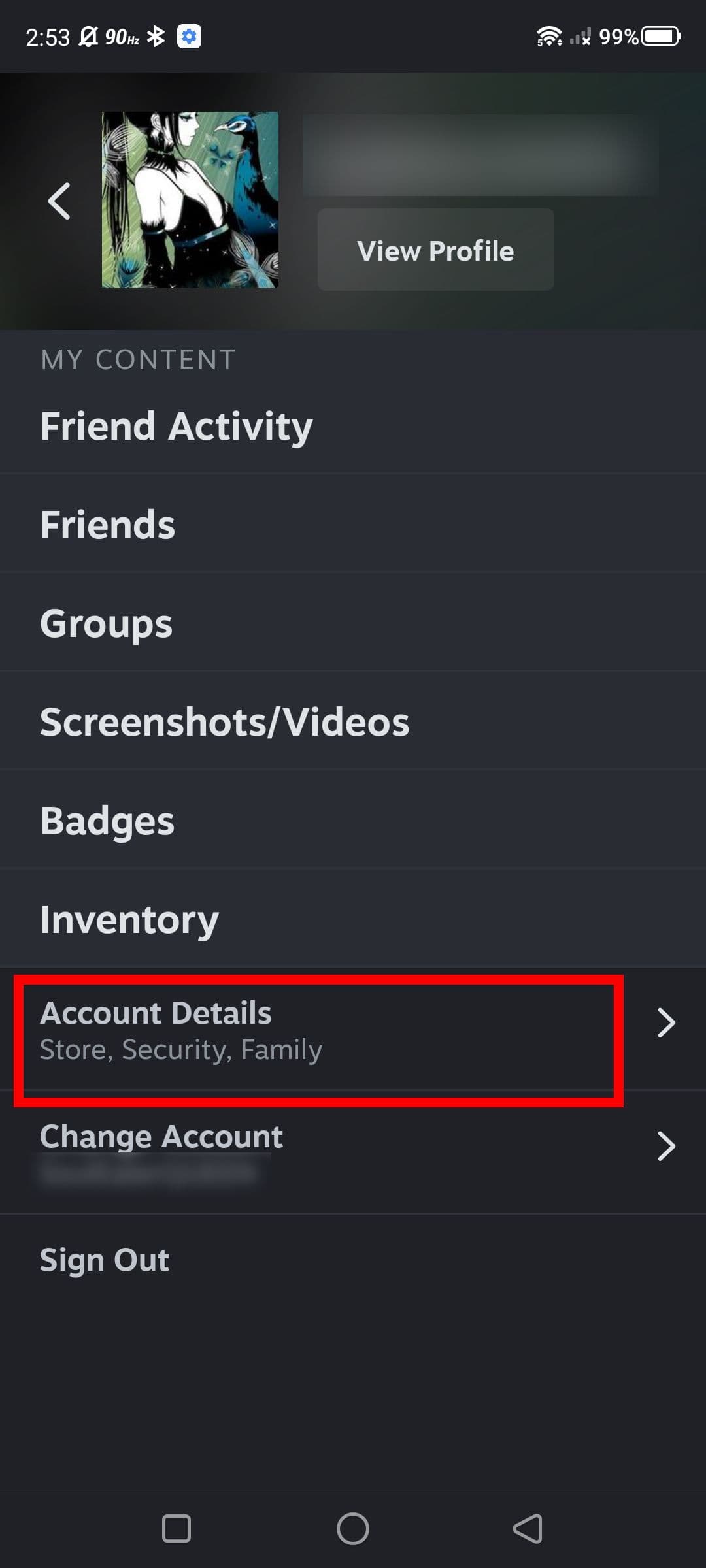 Στιγμιότυπο οθόνης πρόσβασης στα στοιχεία λογαριασμού στην εφαρμογή Steam