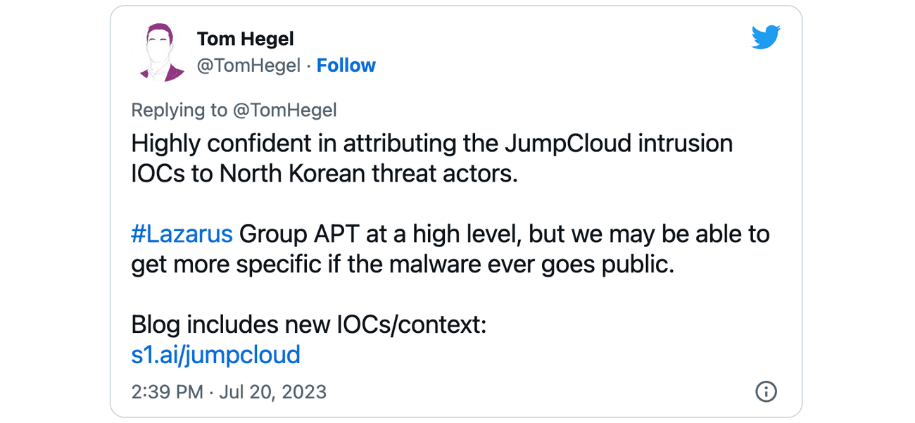 Tweet του Tom Hegel JumpCloud