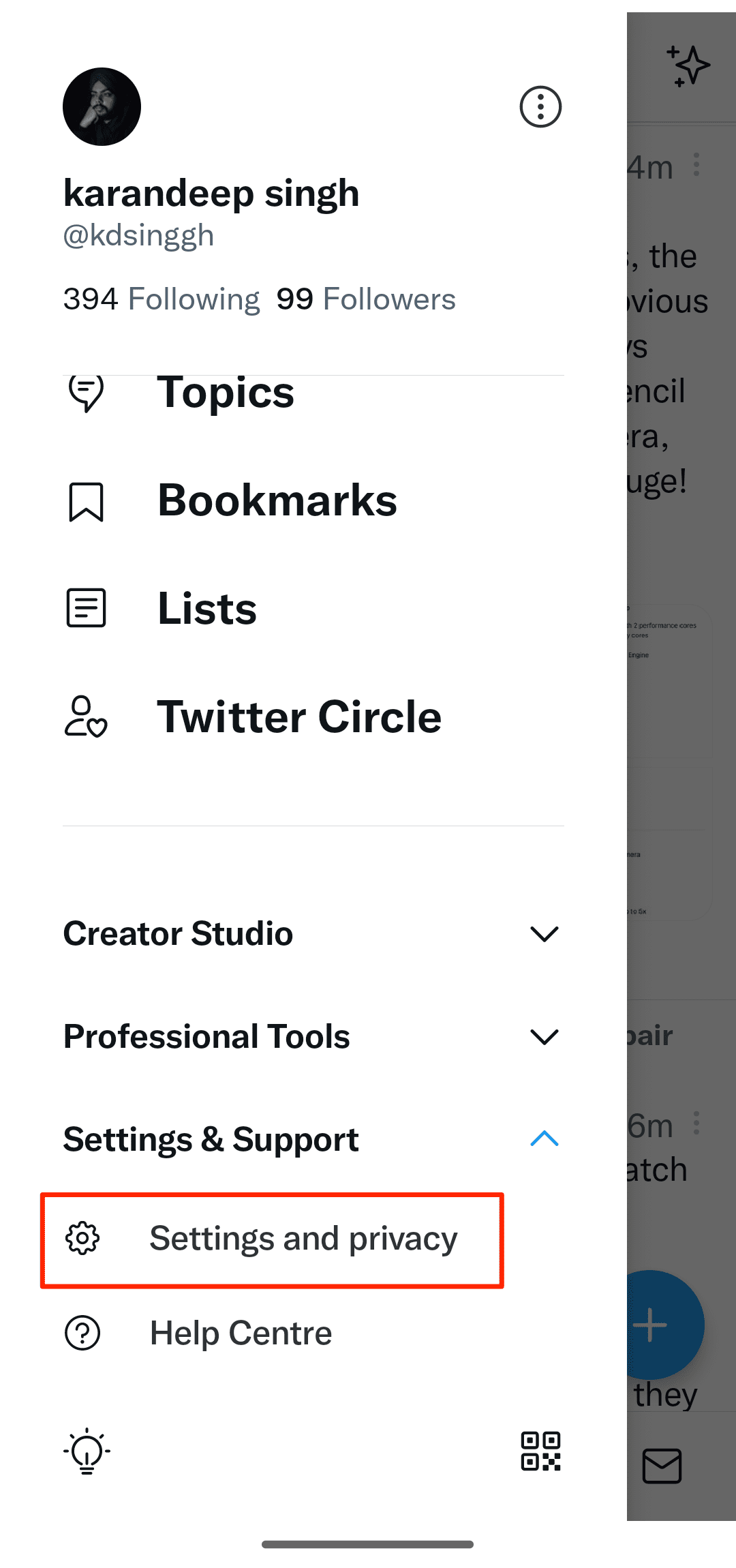 Στιγμιότυπο οθόνης της ενότητας Ρυθμίσεις και απόρρητο στο Twitter για Android 