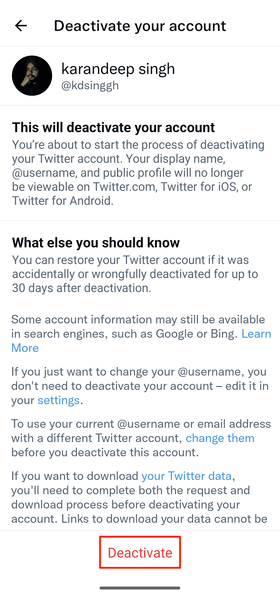 Στιγμιότυπο οθόνης του κουμπιού Απενεργοποίηση στο Twitter για Android 