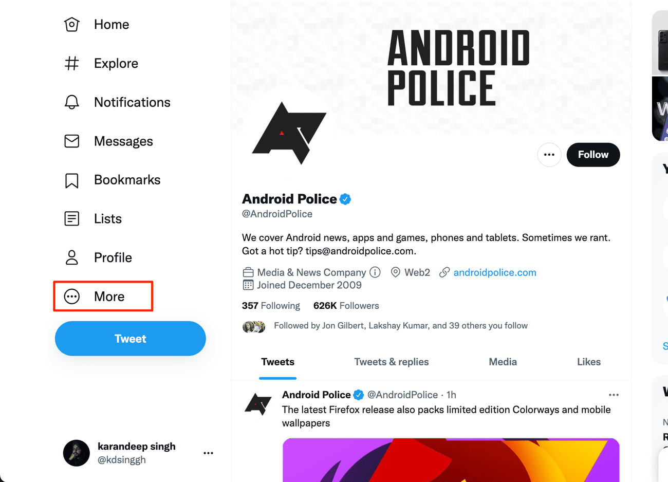 Στιγμιότυπο οθόνης της επιλογής Περισσότερα στο Twitter για τον Ιστό 