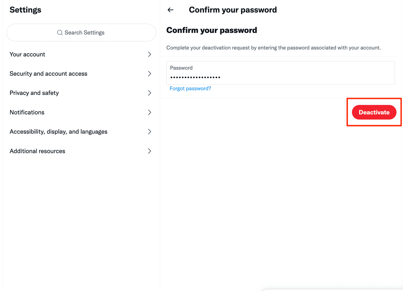 Στιγμιότυπο οθόνης του τελικού κουμπιού Απενεργοποίηση στο Twitter για τον Ιστό
