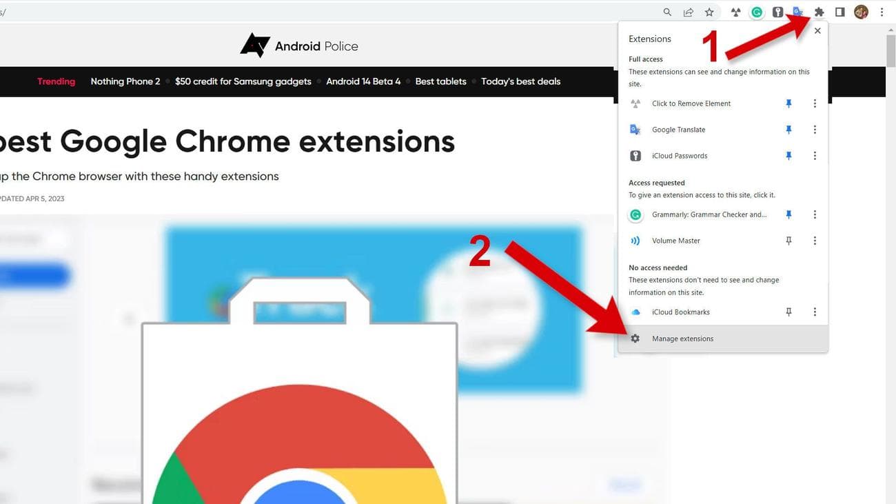 A screenshot of a Chrome browser with arrows pointing to the toolbar manage extensions option