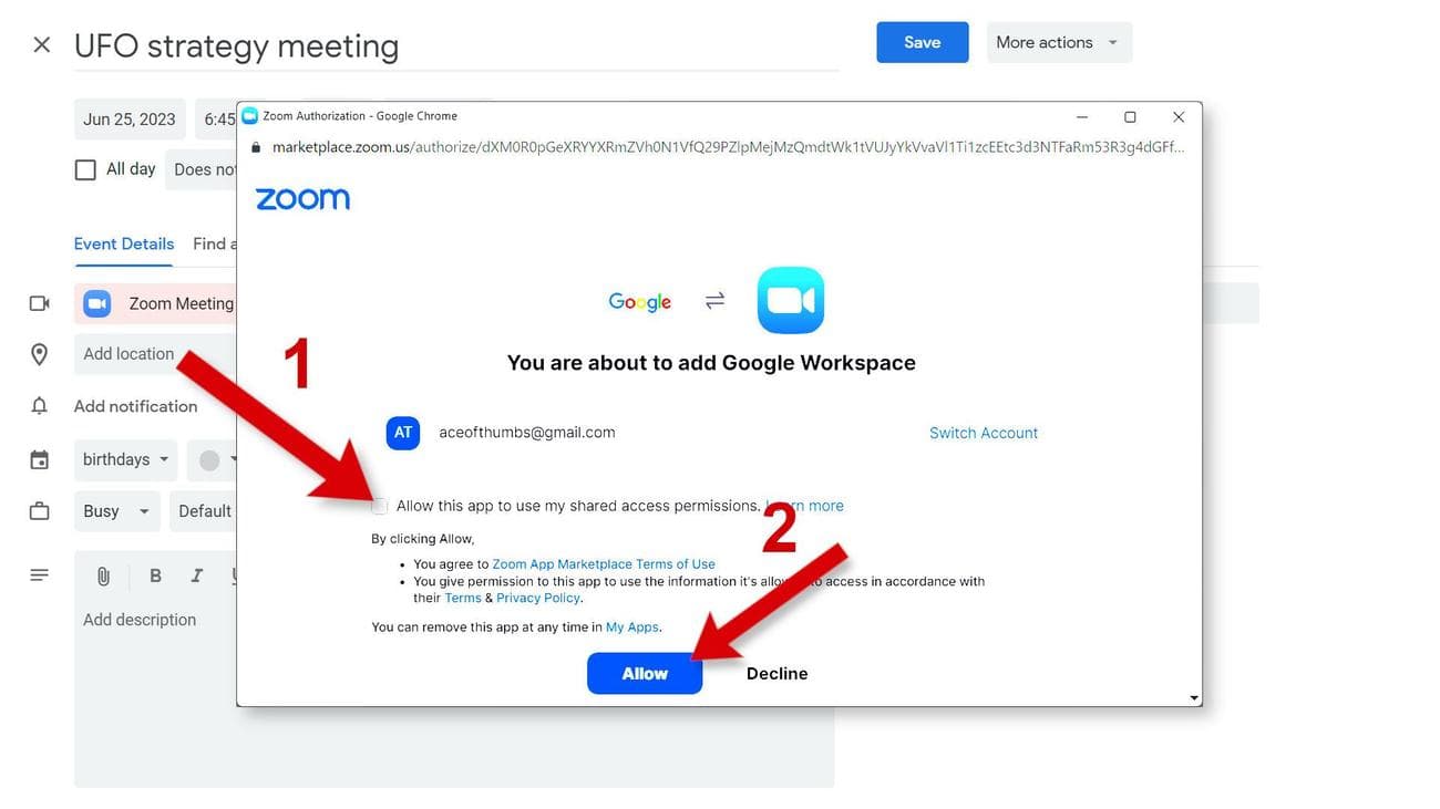 Ένα στιγμιότυπο οθόνης ενός άλλου παραθύρου εξουσιοδότησης του Ημερολογίου Google με βέλη που δείχνουν σε ένα πλαίσιο ελέγχου και το κουμπί Αποδοχή.